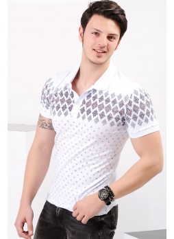 Desenli Polo Yaka Beyaz T-shirt