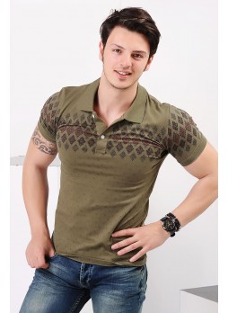 Desenli Polo Yaka Haki T-shirt