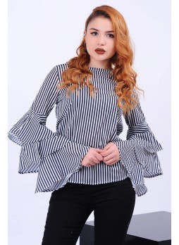 Katlı Volanlı Kol Çizgili Siyah Beyaz Bluz