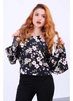 Volanlı Kol Çiçek Desenli Siyah Bluz