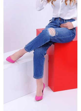 Happy İşlemeli Kesik Mavi Denim