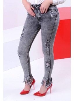 Kesikli Püskül Paça Siyah Denim