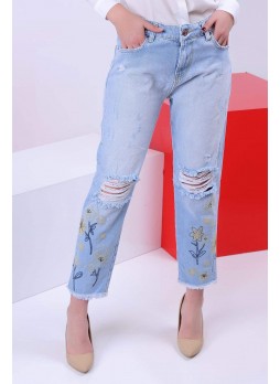 Parçalı İşlemeli Buz Mavisi Denim