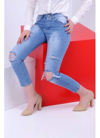 Parçalı Yıkamalı Mavi Denim