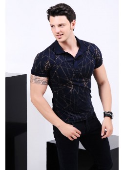 Desenli Polo Yaka Lacivert T-shirt