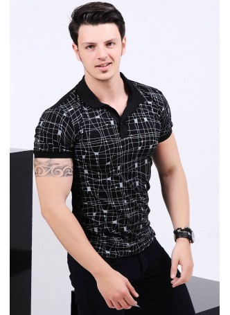 Desenli Polo Yaka Siyah T-shirt