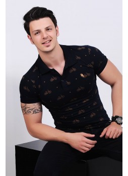 Bisiklet Desenli Polo Yaka Lacivert T-shirt