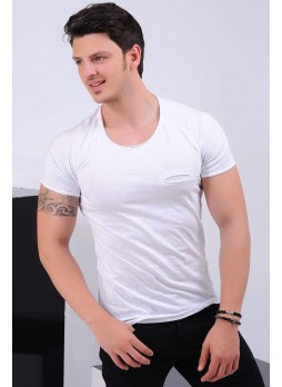 Kesik Cep Beyaz T-shirt