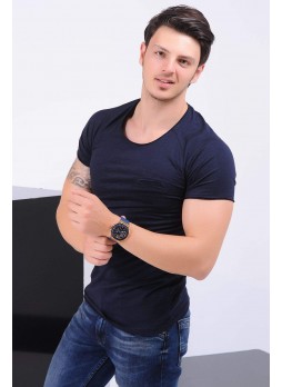 Kesik Cep Lacivert T-Shirt