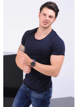 Kesik Cep Lacivert T-Shirt