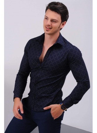 Çizgili Desenli Lacivert Gömlek