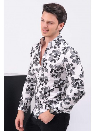 Siyah Çiçek Desenli Beyaz Gömlek
