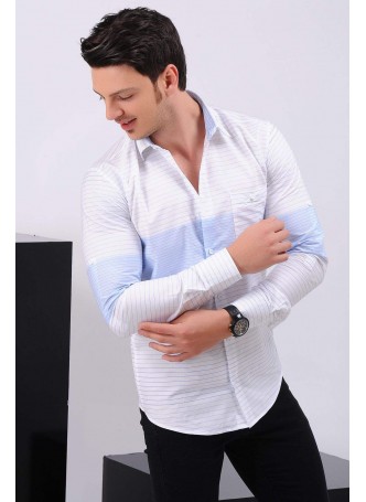 Çizgili Tek Cep Mavi Beyaz Gömlek