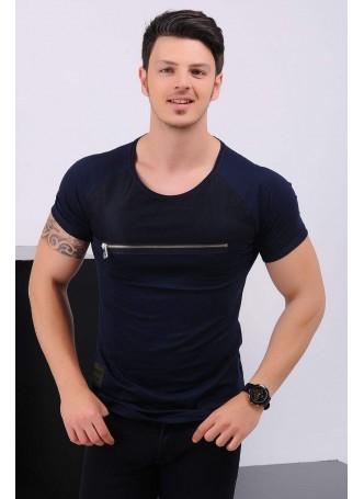 Fermuar Detay Lacivert T-Shirt