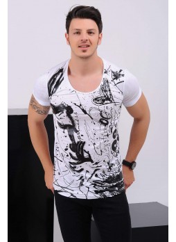 Siyah Baskı Desenli Beyaz T-Shirt