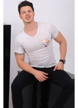 Desenli Cep Beyaz T-Shirt