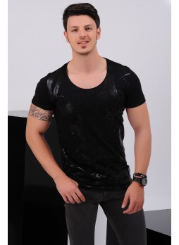 Baskı Desenli Siyah T-Shirt