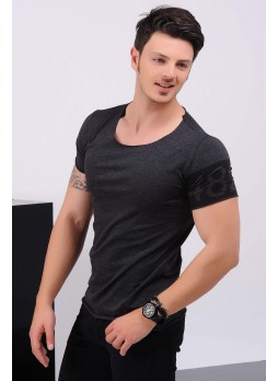 Kol Baskılı Geniş Yaka Füme T-Shirt
