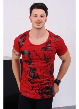 Siyah Baskı Desenli Kırmızı T-Shirt