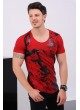 Siyah Baskı Desenli Kırmızı T-Shirt
