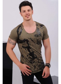 Siyah Baskı Desenli Haki T-Shirt​
