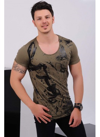Siyah Baskı Desenli Haki T-Shirt​