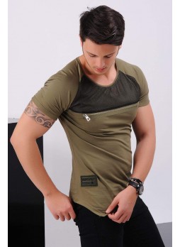 Fermuar Detay Haki T-Shirt