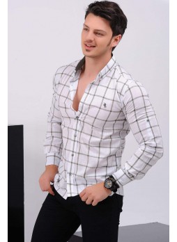Kare Desenli Beyaz Keten Gömlek