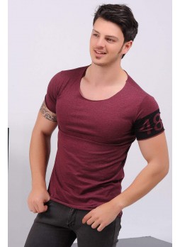 Kol Baskılı Geniş Yaka Bordo T-Shirt
