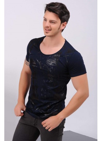 Siyah Baskı Desenli Lacivert T-Shirt