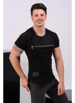 Fermuar Detay Siyah T-Shirt