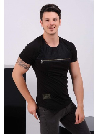 Fermuar Detay Siyah T-Shirt