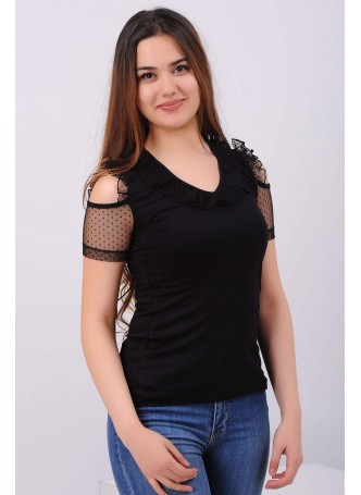 Omuz Tül Güpür Yaka Siyah Bluz