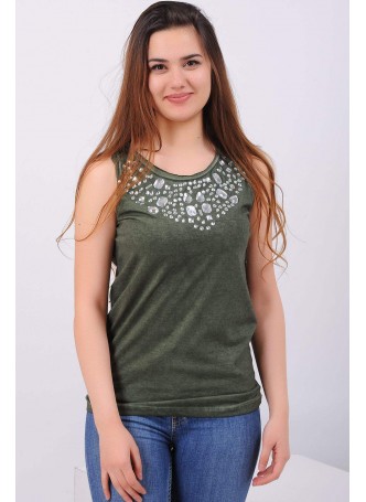 Yaka Taşlı Yeşil Bluz