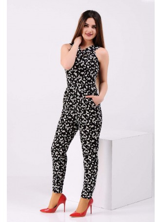 Dekolteli Beyaz Desenli Siyah Tulum