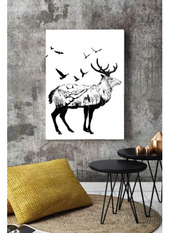 Özel Çizim Siyah Beyaz Geyik Kanvas Tablo
