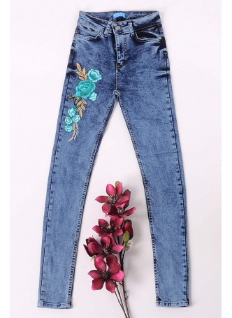 Turkuaz İşlemeli Açık Mavi Denim