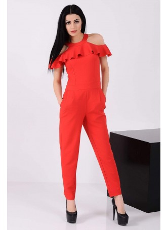 Omuz Açık Fırfırlı Kırmızı Tulum