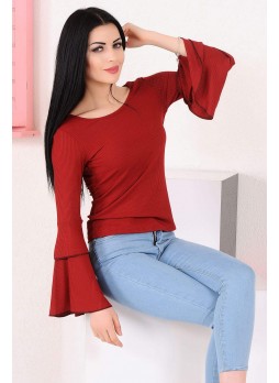 Kolları Çift Volan Kırmızı Bluz