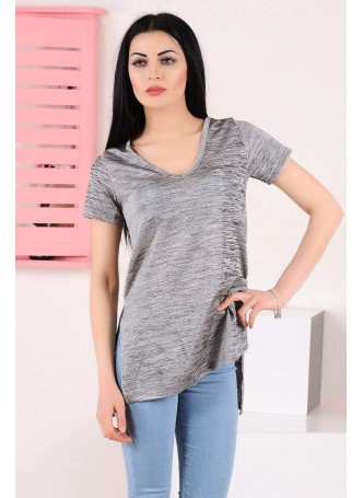 V Yaka Kesikli Uzun Gri T-Shirt
