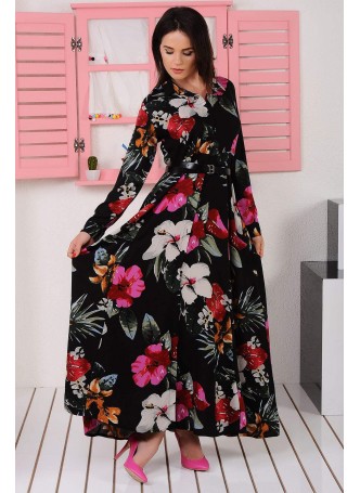 Çiçek Desenli Uzun Siyah Gömlek Elbise