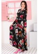 Çiçek Desenli Uzun Siyah Gömlek Elbise