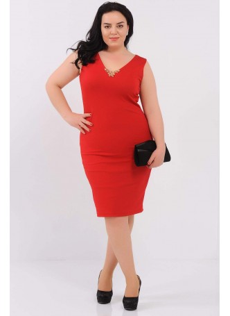 Broşlu Kolsuz Büyük Beden NarÇiçeği Elbise