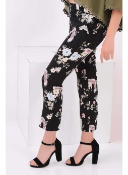Kuş Çiçek Desenli Füme Pantolon