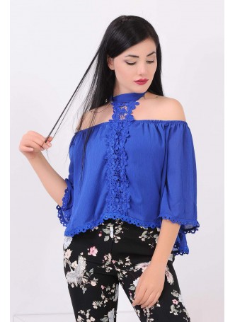 Halka Yaka Dantelli Saks Mavisi Bluz