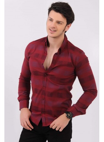 Çizgi Baskılı Bordo Gömlek
