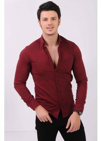 Siyah Noktacık Desenli Bordo Gömlek