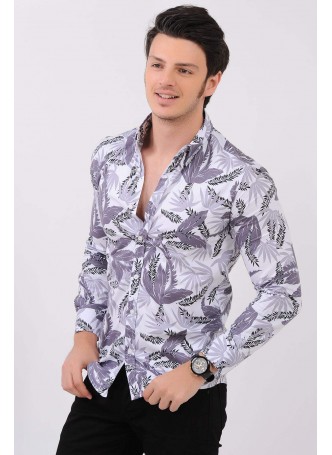Gri Siyah Yaprak Desenli Gömlek