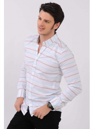 Bordo Turkuaz Çizgili Beyaz Gömlek