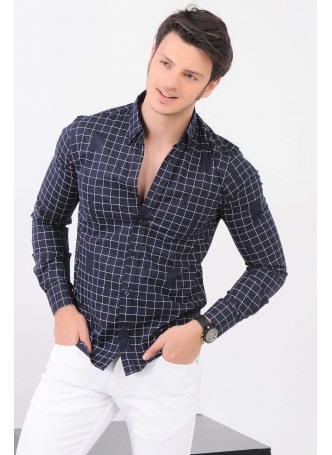 Beyaz Kare Çizgili Lacivert Gömlek